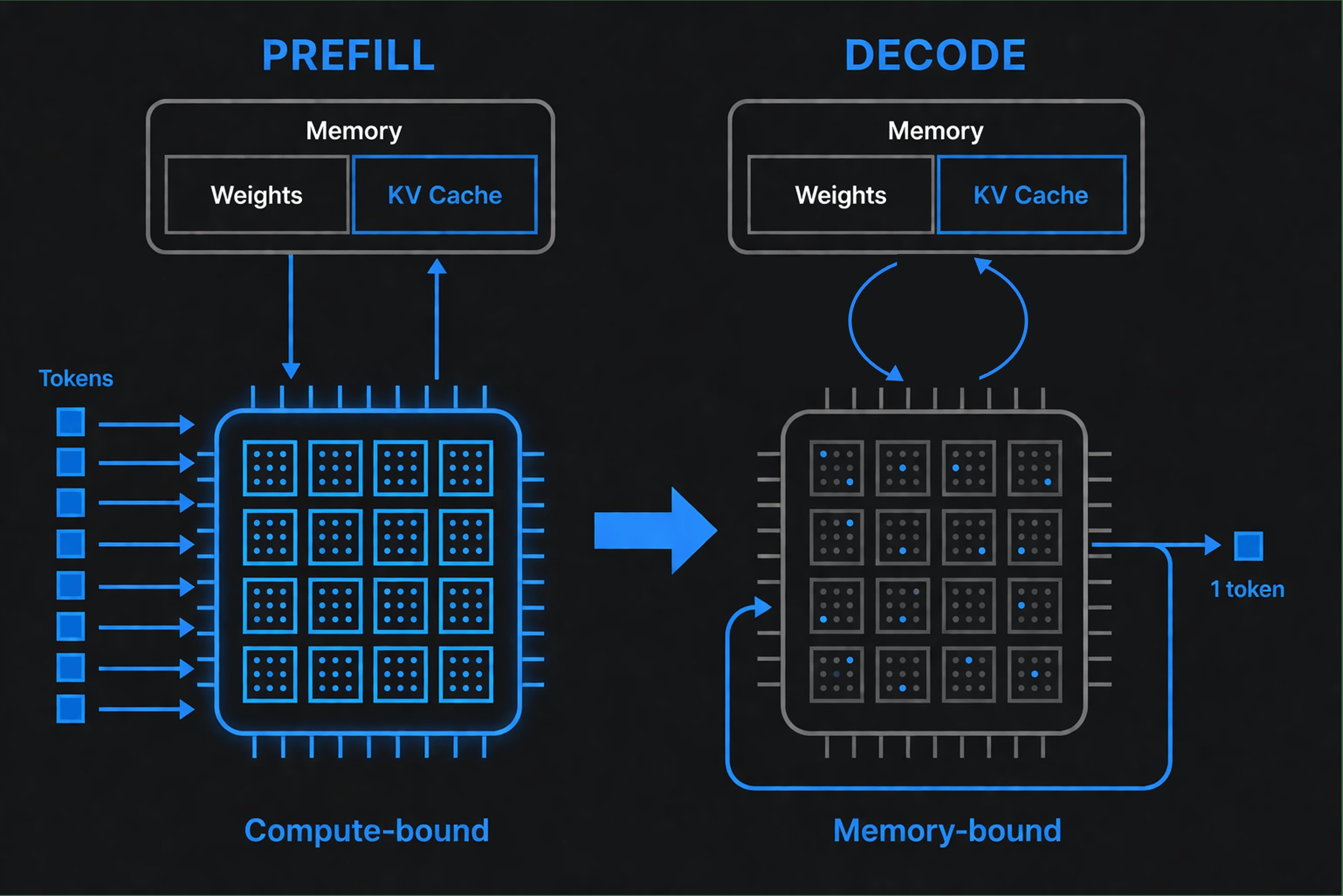 Prefill vs Decode: During prefill, the GPU processes all tokens in parallel and is compute-bound. During decode, the GPU repeatedly reads from memory for each token and is memory-bound.