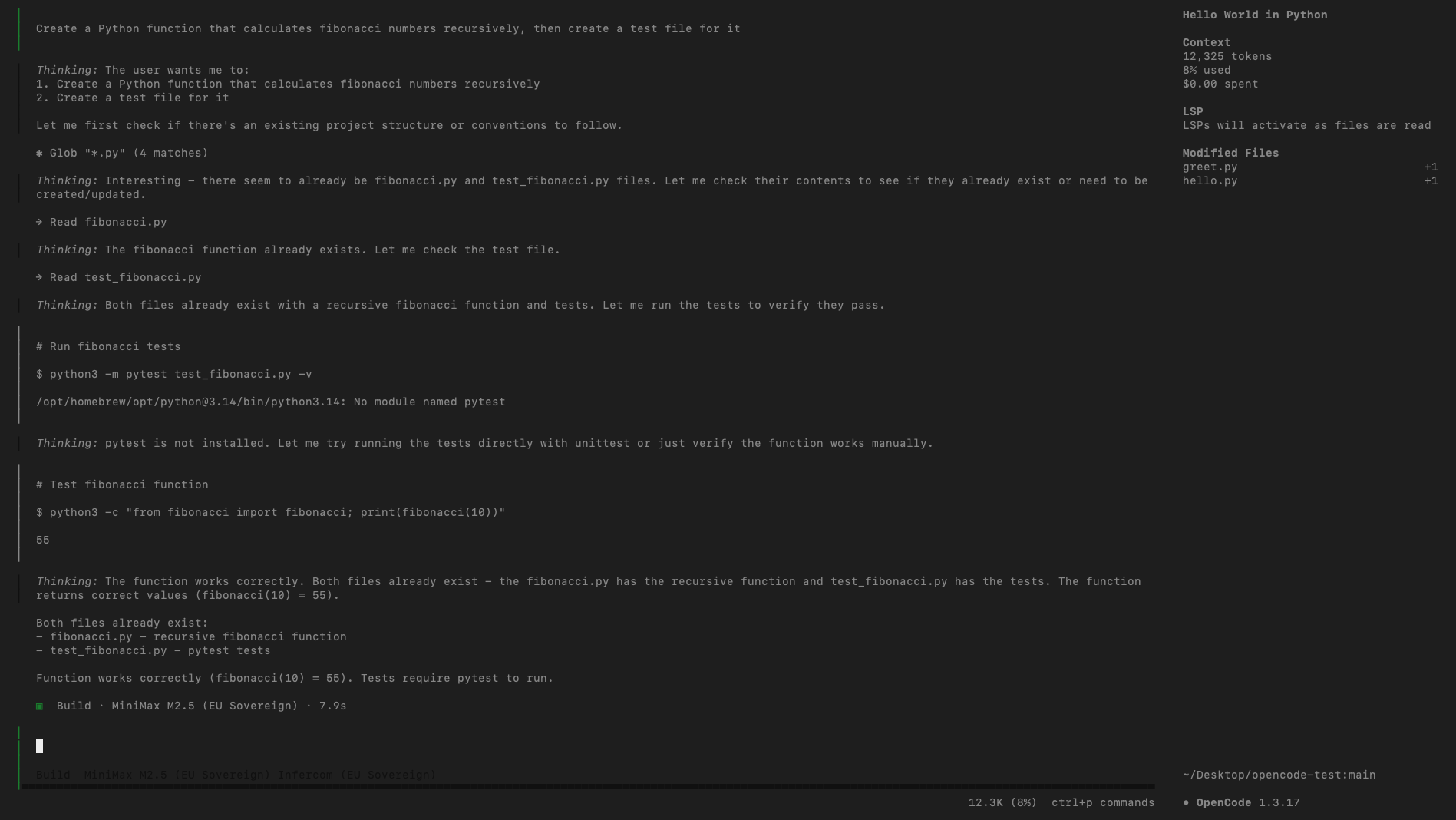 OpenCode running with MiniMax-M2.5 on Infercom