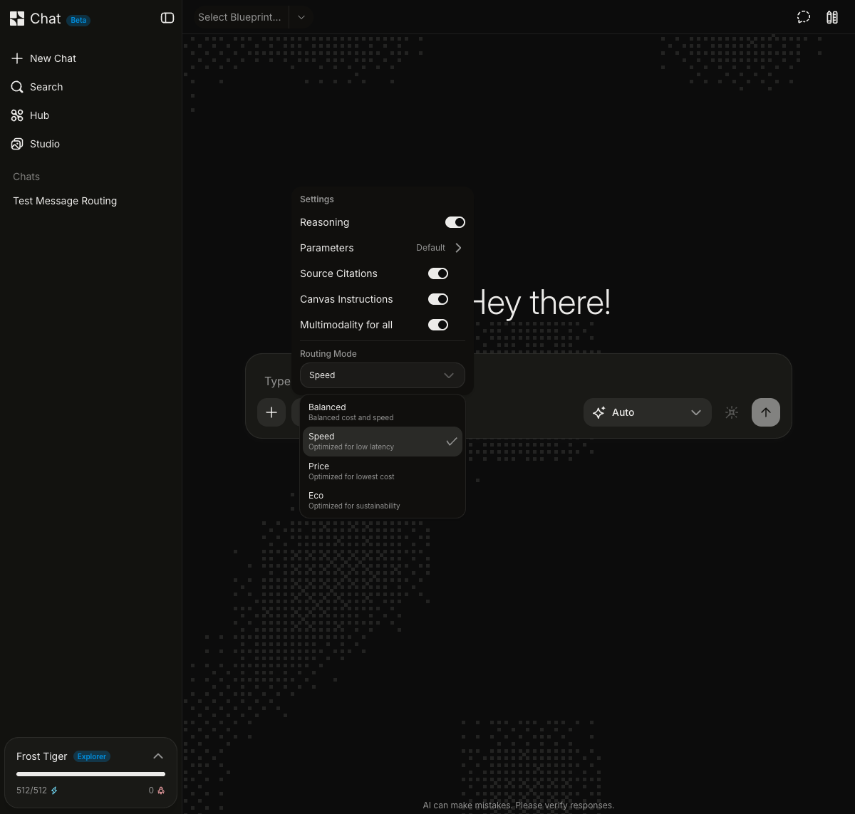 Melious Chat: dropdown for routing-tilstand med mulighederne Balanced, Speed, Price og Eco