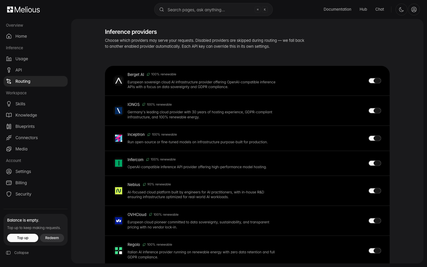 Melious-dashboard: Infercom aktiveret på listen over Inference-udbydere